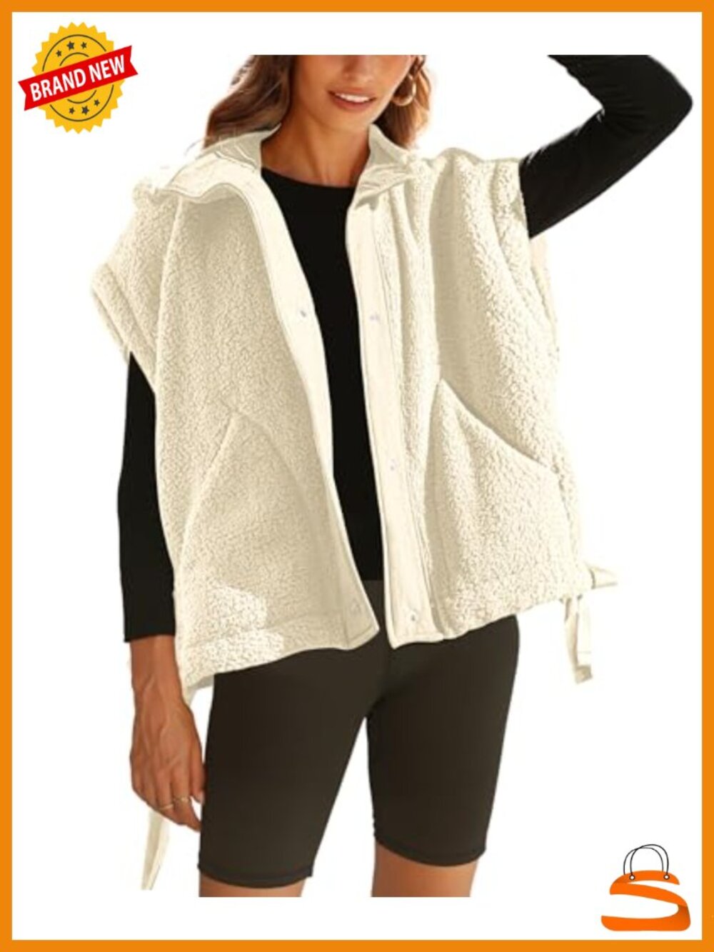 Fuzzy Fleece Vest Sleeveless Sherpa Jacket Button Closure Drawstring Hem